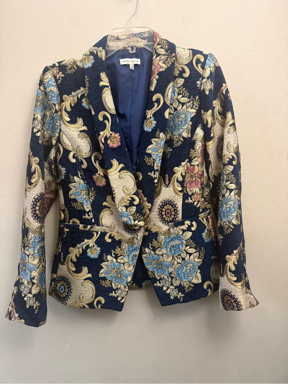 Moon River Navy Floral Jacquard Blazer with Gold Accents